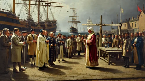 Christliche Zeremonie zur Schiffstaufe mit Priester, Kreuz und versammelter Menge im historischen Hafen