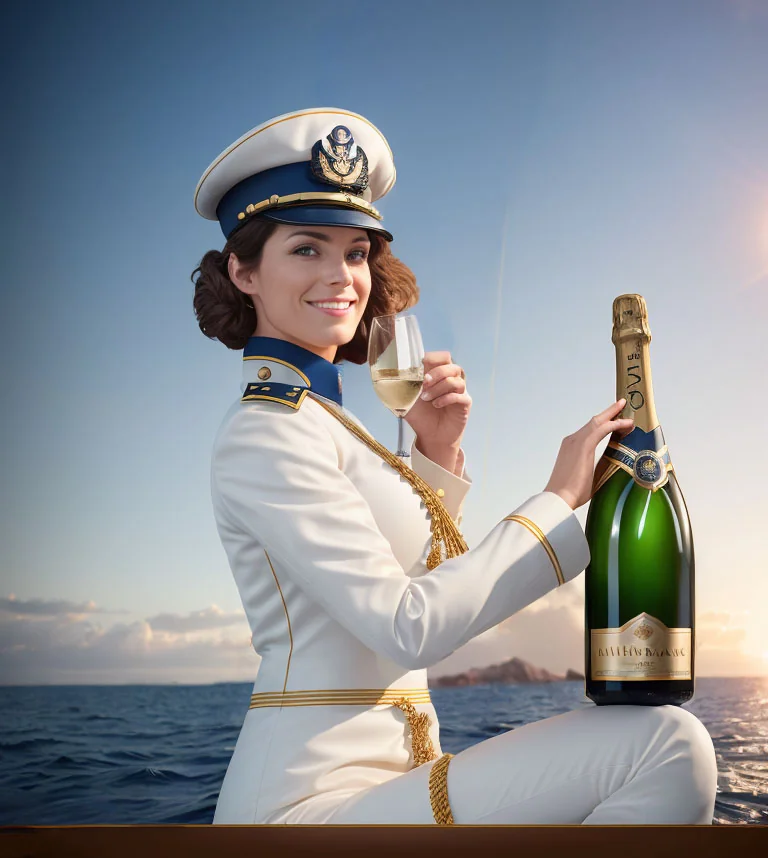 Künstlerische Darstellung einer modernen Schiffspatin in weißer Uniform mit Champagnerglas vor maritimer Kulisse