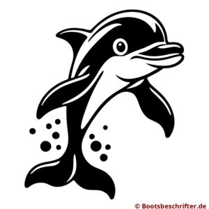 Fröhlicher Delfin in eleganter, minimalistischer Gestaltung, geschwungene Linien, dynamische Silhouette, umgeben von stilisierter Gischt.