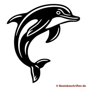 Schwungvoller Delfin in eleganter, schlichter Gestaltung, förmlich aus dem Wasser springend, klare Linien und präzise Formgebung.