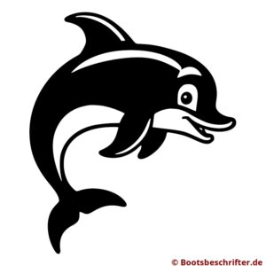 Fröhlicher Delfin springt in die Fluten, freundliches Lächeln, spielerisches Schwimmen, elegant-reduzierte Gestaltung.