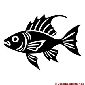 Kunstvoll gestalteter Fisch, elegante Formgebung, geschwungene Linien, klare Konturen, filigrane Flossen und rhythmische Schuppenanordnung.