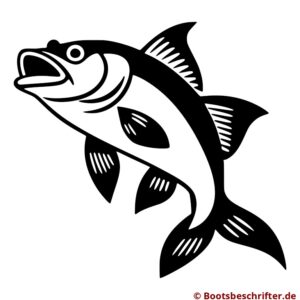 Fischaufkleber in monochromen Kontrasten, dynamische Pose, elegante Linien umreißen Flossen und Schuppen, klare Ästhetik.