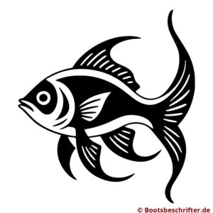 Exotischer Fisch im Folienschnitt, schlichte Eleganz, feine Linien formen Flossen und Schuppen, gleitet elegant durchs Wasser.