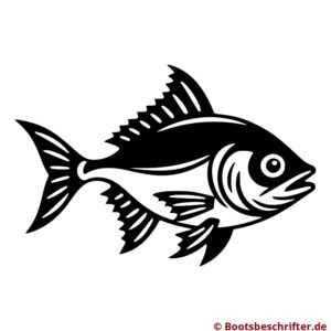 Kraftvoll gestalteter Fisch in Schwarz-Weiß, klare Konturen, dynamische Formgebung, feine Details in Flossen und Schuppenstruktur.