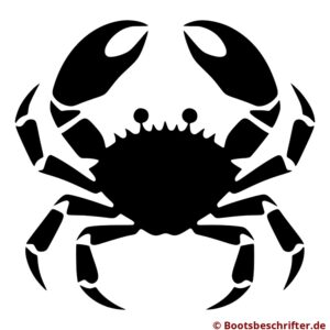 Formschön gestaltete Krabben-Silhouette, präzise Linien, akzentuierte Formen, weit geöffnete Scheren, wachsame Augen.
