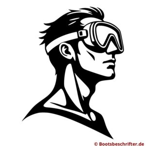 Markantes Porträt eines Mannes mit entschlossenem Blick, geschützt durch Taucherbrille, klare Linienführung in Schwarz-Weiß.