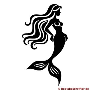 Elegante Meerjungfrau Silhouette mit fließenden Linien, schwungvollen Kurven, langen wellenförmigen Haaren, leicht gekrümmter Pose und filigraner Flosse.