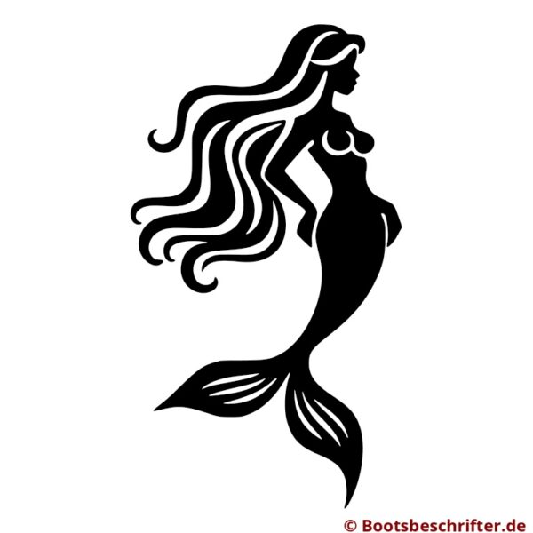 Elegante Meerjungfrau Silhouette mit fließenden Linien, schwungvollen Kurven, langen wellenförmigen Haaren, leicht gekrümmter Pose und filigraner Flosse.