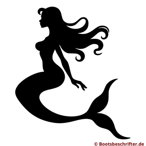 Stilvolle Meerjungfrau-Silhouette, sanft geschwungene Linien, langes Haar in eleganten Locken, fließende Fischflosse.