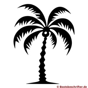 Stilisierte Silhouette einer majestätischen Palme, sanft geschwungene Blätter, charakteristisch geformter Stamm, klare und präzise Darstellung.