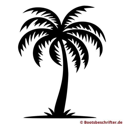 Majestätische Palme in Silhouette, fein detaillierte Blätter wiegen sich im Wind, leicht geschwungener Stamm und geschwungene Blätter.