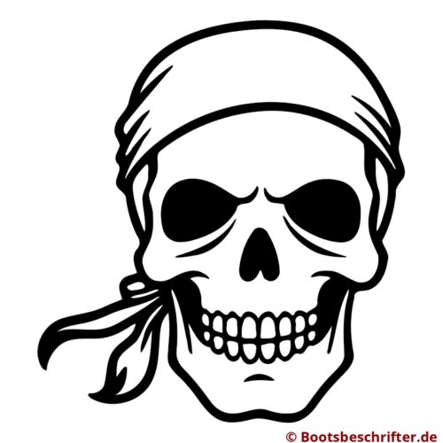 Totenkopf mit charakteristischem Kopftuch, klare, reduzierte Gestaltung, ausdrucksstarke Merkmale, klassisches Piratensymbol.