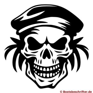 Totenkopf mit lässig-markantem Barett, geschwungene Linien definieren Schädel und Hutschatten, kühne Präsenz.