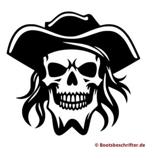 Furchtloser Piraten-Skull in Hut und wallendem Haar, klare Linien und kraftvolle Konturen, wacht über die Wellen.