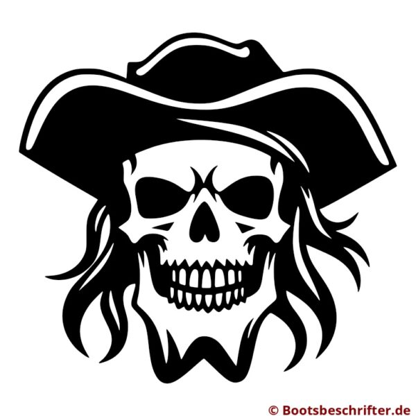Furchtloser Piraten-Skull in Hut und wallendem Haar, klare Linien und kraftvolle Konturen, wacht über die Wellen.