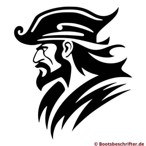 Profil eines stolzen Piratenkapitäns, entschlossener Blick, imposanter Bart, markanter Hut, dynamische Linien.