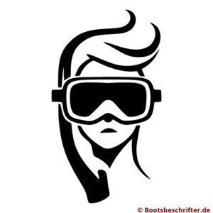 Gesicht in Silhouette, verhüllt durch markante Taucherbrille, kunstvoll geschwungenes Haar, minimalistisch und elegant.