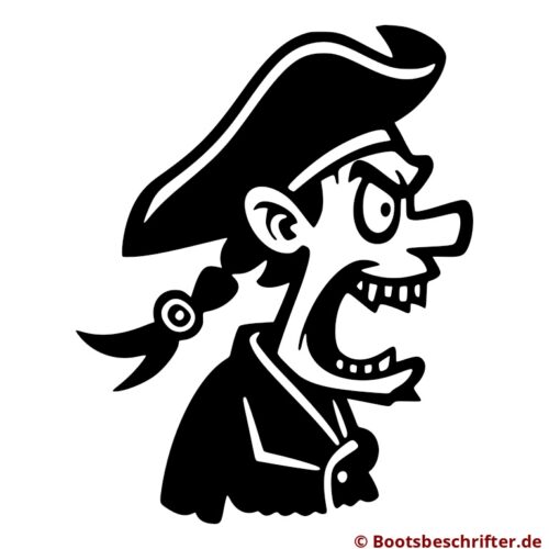 Furchterregender Seeräuber in dynamischer Pose, entschlossener Blick, weit geöffneter Mund, charakteristische Piratenkleidung, klare Linien und markante Konturen.
