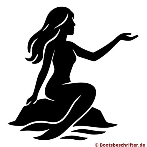 Grazil sitzende Meerjungfrau-Silhouette, sanft die Hand ausstreckend, mit fließenden Haaren und sanften Körperkonturen.