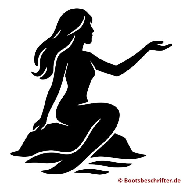 Grazil sitzende Meerjungfrau-Silhouette, sanft die Hand ausstreckend, mit fließenden Haaren und sanften Körperkonturen.