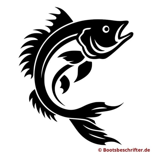 Majestätischer Fisch in geschwungener Form, mit akzentuierten Flossen, aus den Tiefen emporsteigend, klare Konturen und reduziertes Design.