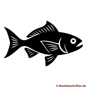 Stilisiertes Fisch-Design, geschwungene Linien, akzentuierte Flossen, klare, präzise Konturen, fein gearbeitete Mundpartie und Rippen.