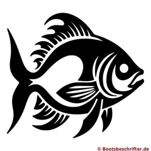 Majestätischer Fisch in Silhouette, kunstvolle Komposition, geschwungene Linien, präzise Details, filigrane Flossen und elaborierte Schuppenmuster.