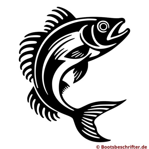 Imposanter Fisch in geschwungener Bewegung, springt aus dem Meer empor, klare, kraftvolle Silhouette mit angedeuteten Flossen und Schuppen.