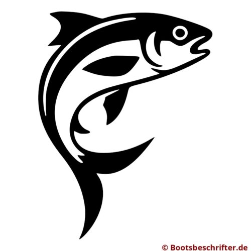 Dynamischer Fisch in kraftvoller, aufsteigender Pose, klare, minimalistische Gestaltung, präzise Linien und fließende Formen.