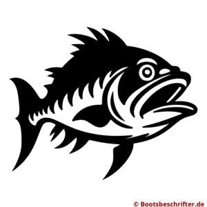 Kraftvoller Raubfisch im dynamischen Profil, schwarze Flächen, präzise Konturen, Maul weit geöffnet, filigrane Flossen und Kiemen.