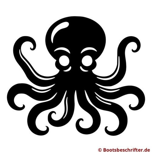 Schwarzer Oktopus in Silhouette, markante Augen, runder Kopf, sanft geschwungene Tentakel, klare, reduzierte Gestaltung.