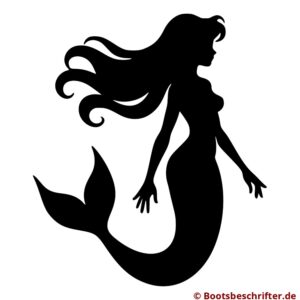 Elegante Meerjungfrau Silhouette in Bewegung, langes Haar in kunstvollen Locken, schlanke Figur und detailreiche Flosse.