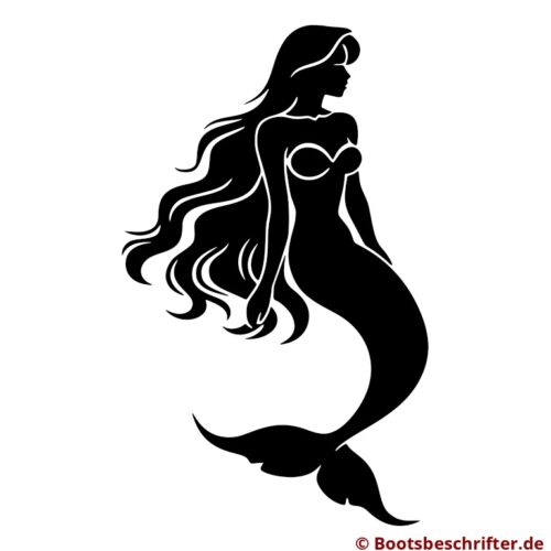 Elegante Meerjungfrau Silhouette mit fließendem Haar, sanfter Pose und kunstvoll geformter Flosse.