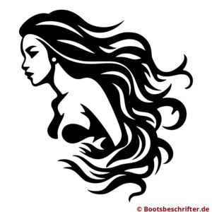 Erhabene Meerjungfrau-Silhouette mit Profil, umrahmt von sanft fließendem und kunstvoll gestaltetem Haar.
