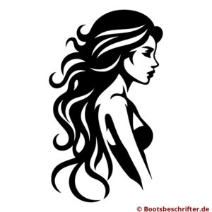 Elegante Frau in profilierter Silhouette, wallendes Haar wie Wellen in der Brise, minimalistisch und sinnlich.