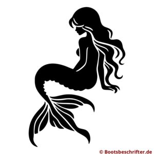 Filigrane Silhouette einer sitzenden Meerjungfrau mit sanft gesenktem Blick, fließenden Locken und detailreicher Fischflosse.