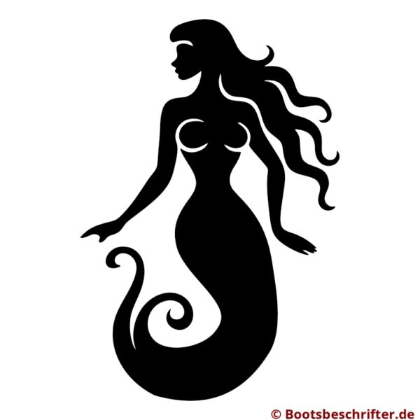 Meerjungfrau-Silhouette, elegant geschwungenes langes Haar, fließender Fischschwanz, Eindruck sanfter Bewegungen.