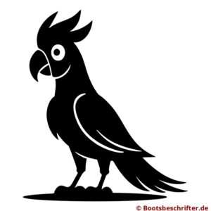 Stolzer Papagei in formvollendeter Silhouette, charakteristischer Kamm, kräftiger Schnabel und freundlicher Blick, schlicht und ikonisch.
