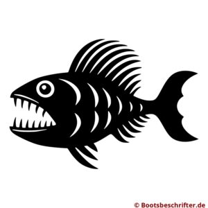 Angriffslustiger Fisch mit skelettartiger Struktur, markanten Zähnen und weit geöffnetem Maul in dynamischer Pose.