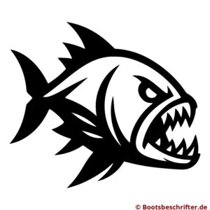 Wild entschlossener Piranha, Zähne fletschend, klare Konturen und dynamische Pose, bereit, Wellen zu schlagen.