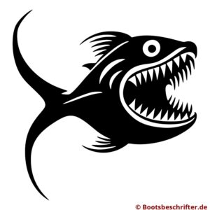 Stilisierter Raubfisch, bereit zum Angriff, schlichte, wirkungsvolle Linien, markante Zähne.