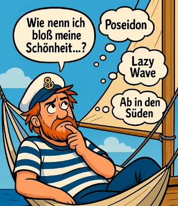 Ein Seemann sucht Bootsnamen, liegt in einer Hängematte auf seinem Boot