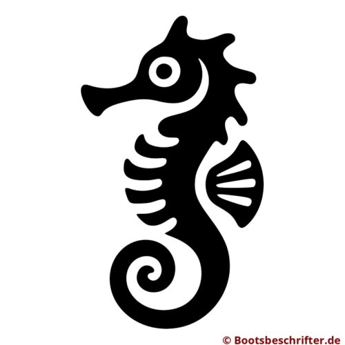 Anmutiges Seepferdchen in Silhouette, geschwungener Körper, charakteristische Schnauze, Auge und filigrane Flosse, klare, grafische Gestaltung.