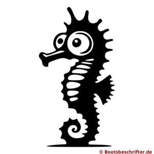 Liebenswertes Seepferdchen in stilsicherer Silhouette, große Augen, eleganter Schwanz und verspielte Konturen.